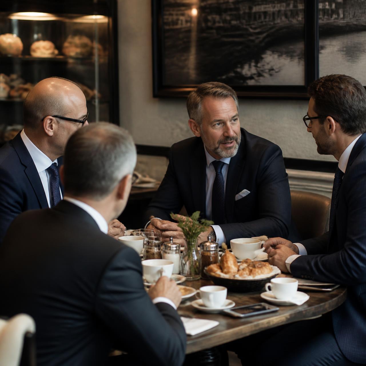Empresários reunidos em ambiente de café